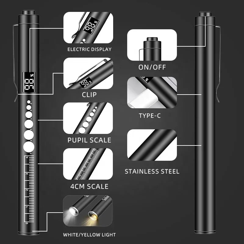 Stainless Steel Dual Light Source Medical Flashlight Power Display