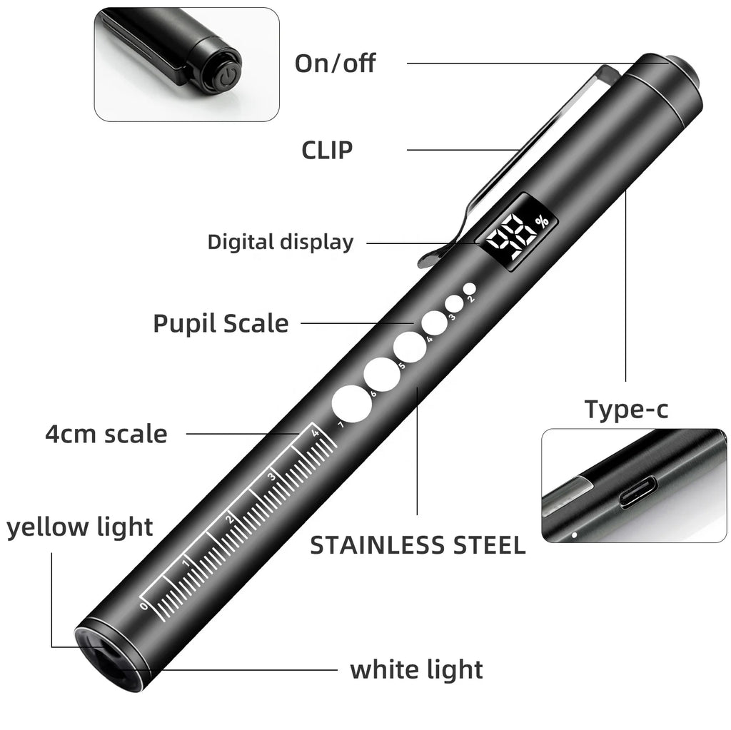 Stainless Steel Dual Light Source Medical Flashlight Power Display
