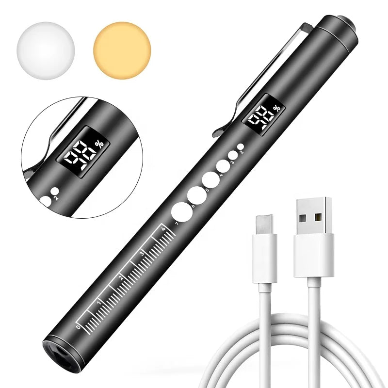 Stainless Steel Dual Light Source Medical Flashlight Power Display