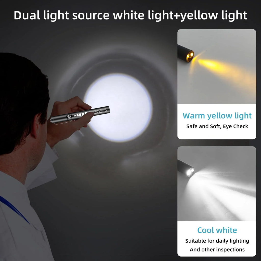 Stainless Steel Dual Light Source Medical Flashlight Power Display