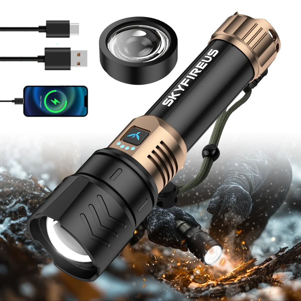 Led Flashlight High Lumens Super Bright Rechargeable Flashlight With Ignition Lens