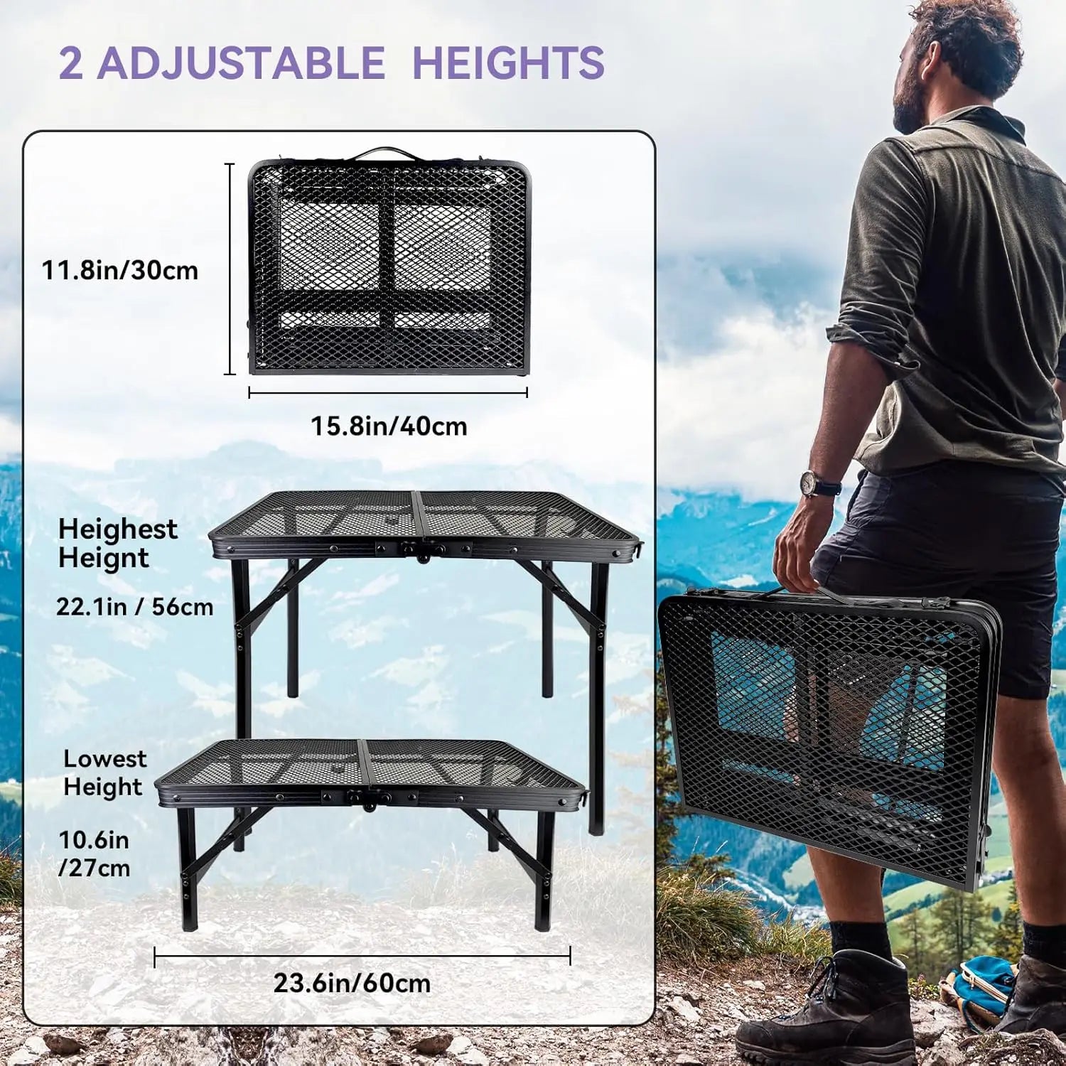 Camping Table with Mesh Desktop, Lightweight & Folding Grill Table,