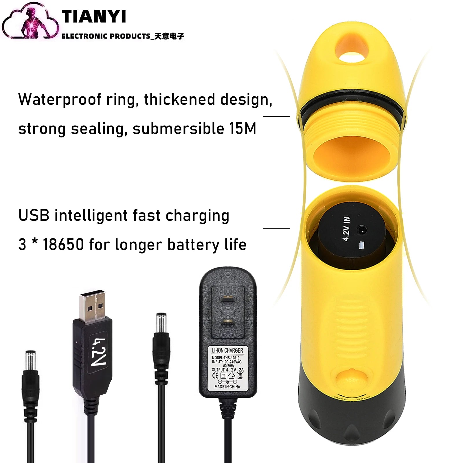 Diving flashlight charging strong light L2 focus