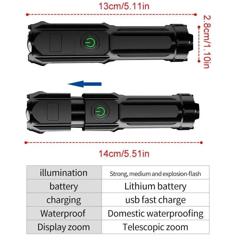 Powerful LED Flashlight Rechargeable USB