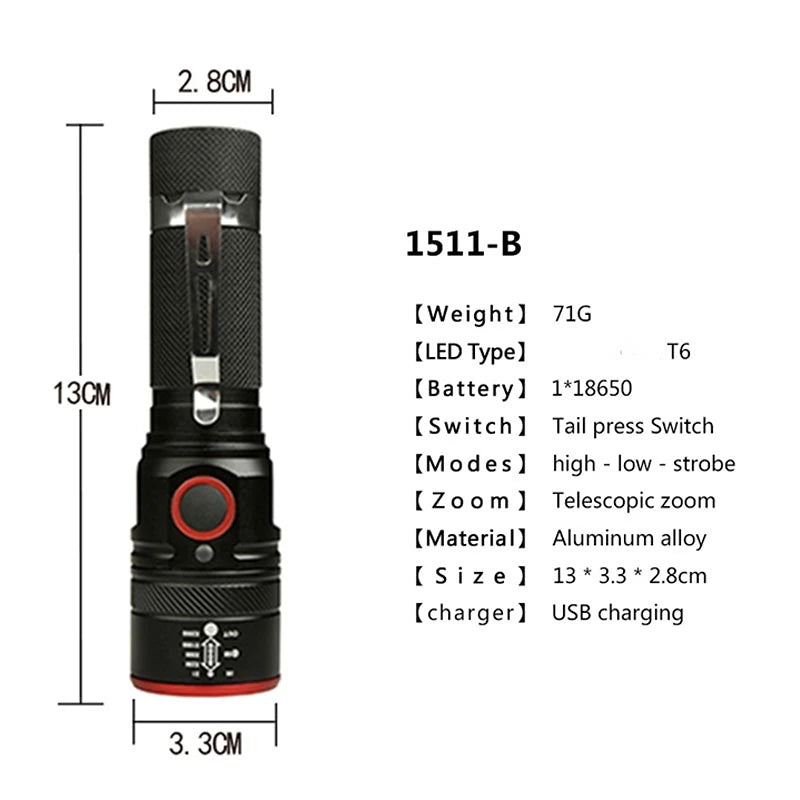 Rechargeable Aluminium Alloy Flashlight Zoomable