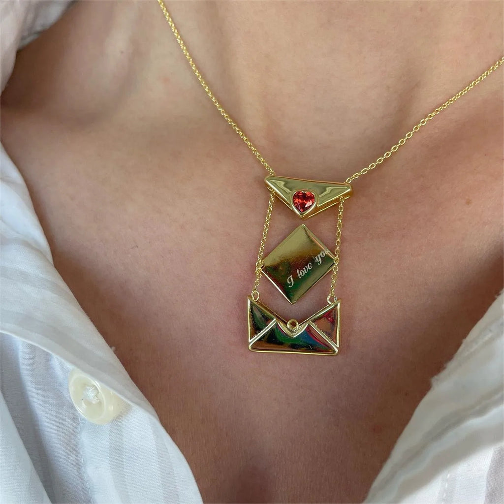 Vintage Heart Zircon Lettering I Love You Square Metal Pendant Openable Envelope Necklace Stainless Steel Choker Collar Jewelry